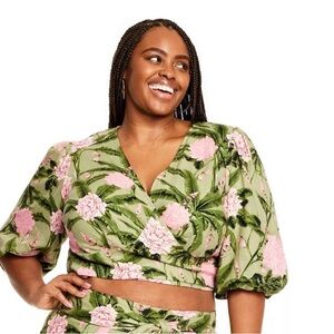 Agua Bendita x Target LARGE Green Pink Puff Sleeve Peony Wrap Crop Top Linen